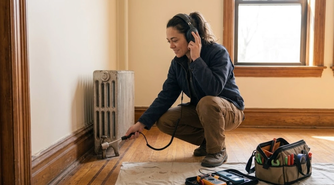 Plumber using acoustic leak detection equipment to trace a pipe leak behind a wall in Ocean Hill, Brooklyn