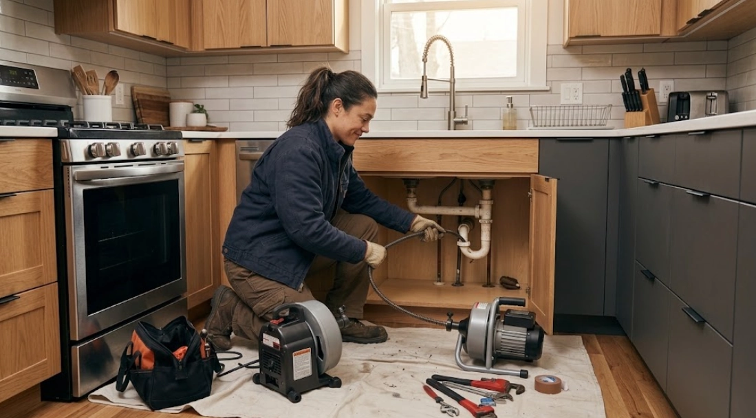 Plumber clearing a kitchen sink drain stoppage with professional mechanical snaking tools in Ocean Hill, Brooklyn