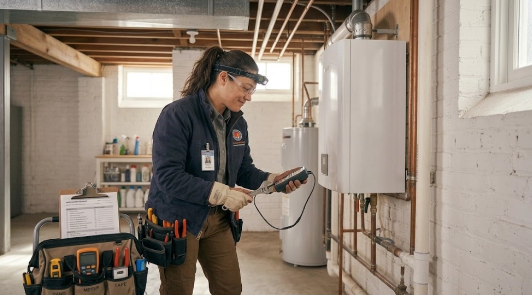 Professional boiler repair technician inspecting residential heating equipment in Ocean Hill, Brooklyn