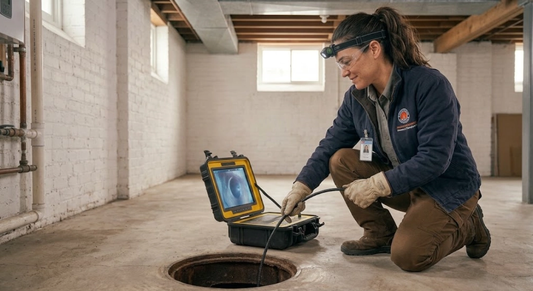 High-definition sewer camera inspection monitor showing interior pipe condition in Ocean Hill, Brooklyn