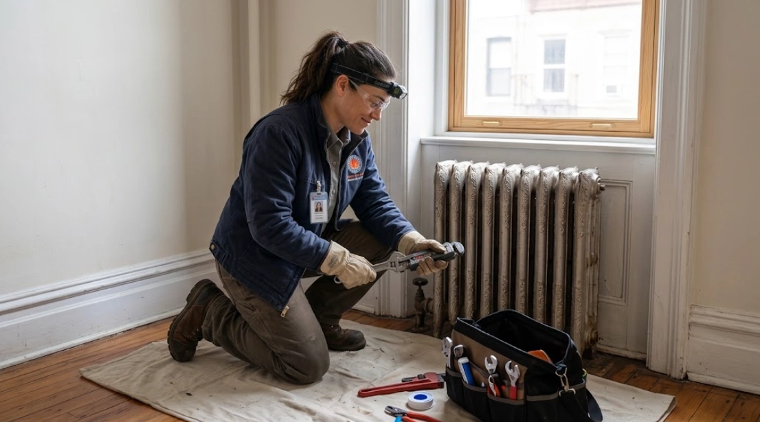 Plumber replacing a heavy steam radiator valve and air vent in Ocean Hill, Brooklyn