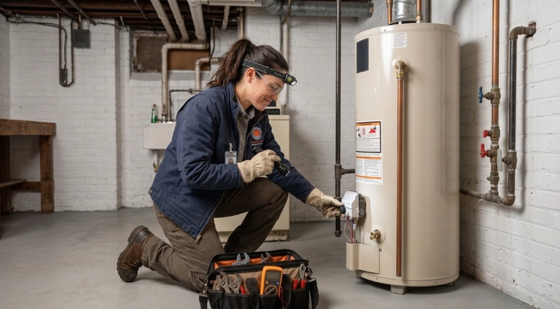 Plumbing technician testing a residential gas water heater in Ocean Hill, Brooklyn
